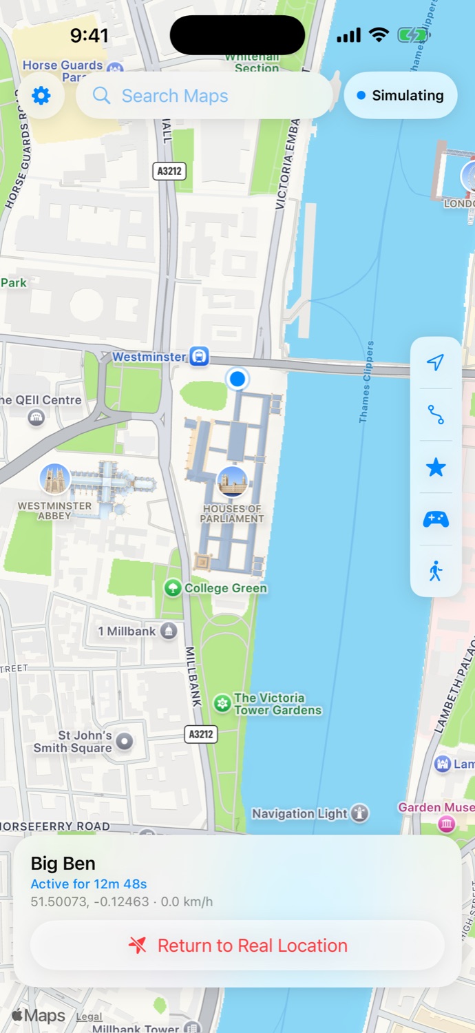 Geovo en iPhone simulando el Big Ben, Londres, en Apple Maps