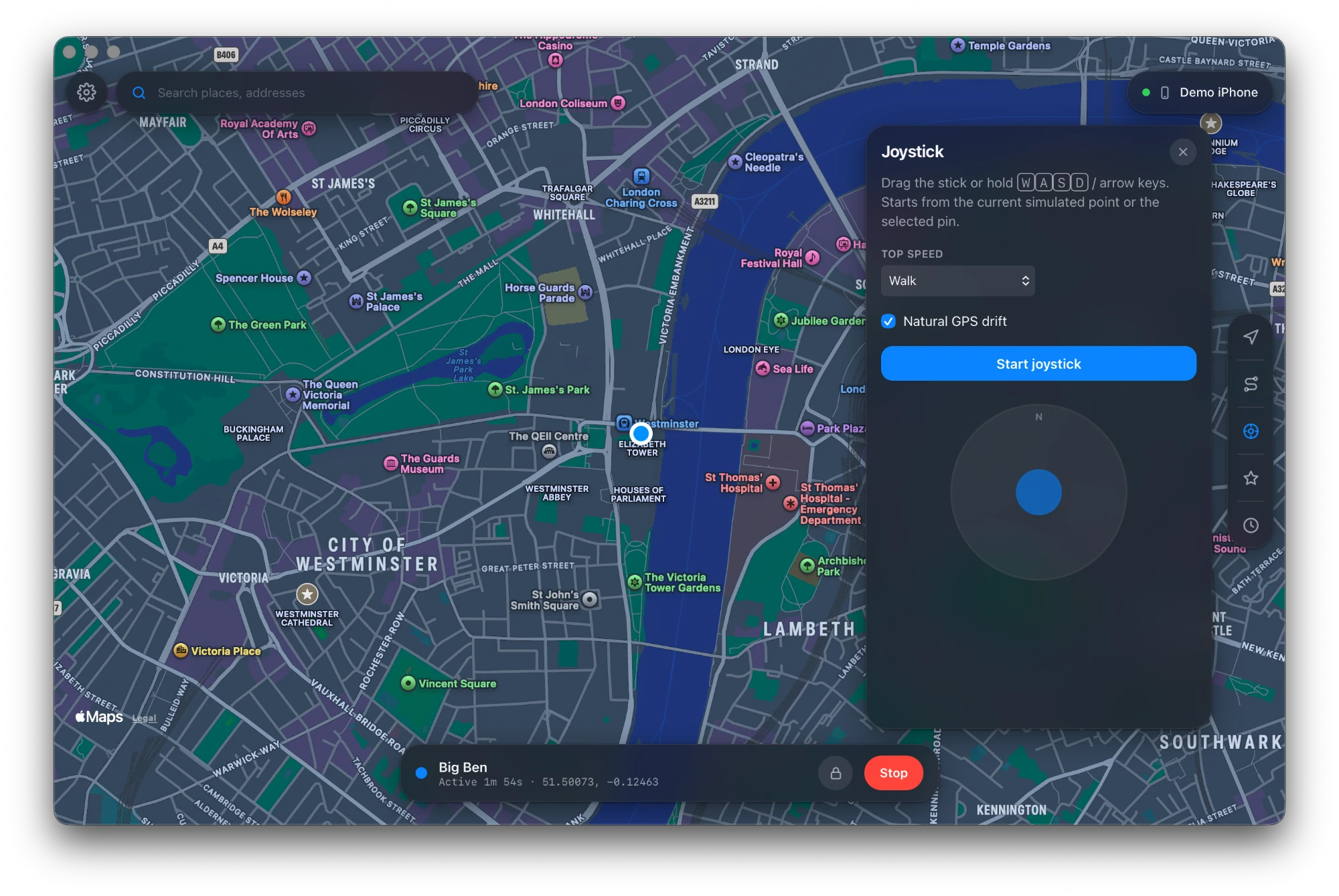 Panel de joystick de Geovo para Mac sobre Westminster, Londres