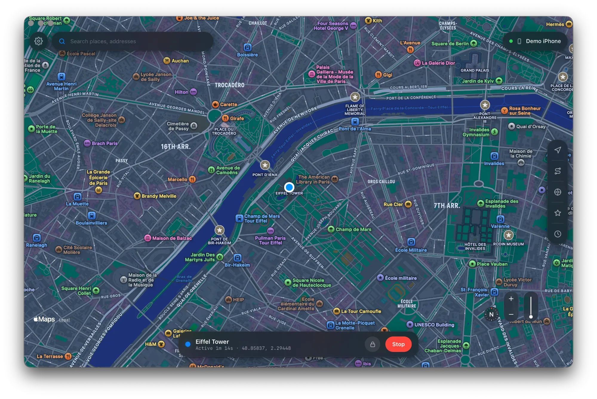 Geovo for Mac simulating the Eiffel Tower, Paris, on Apple Maps