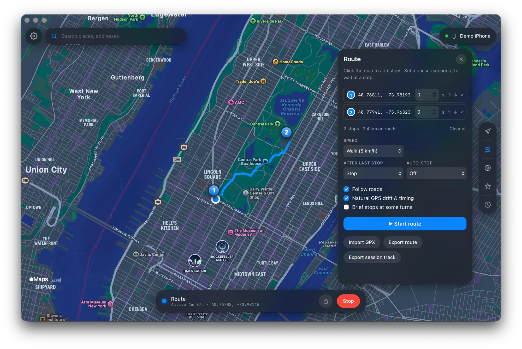 Geovo for Mac playing a walking route through Central Park on Apple's walking directions