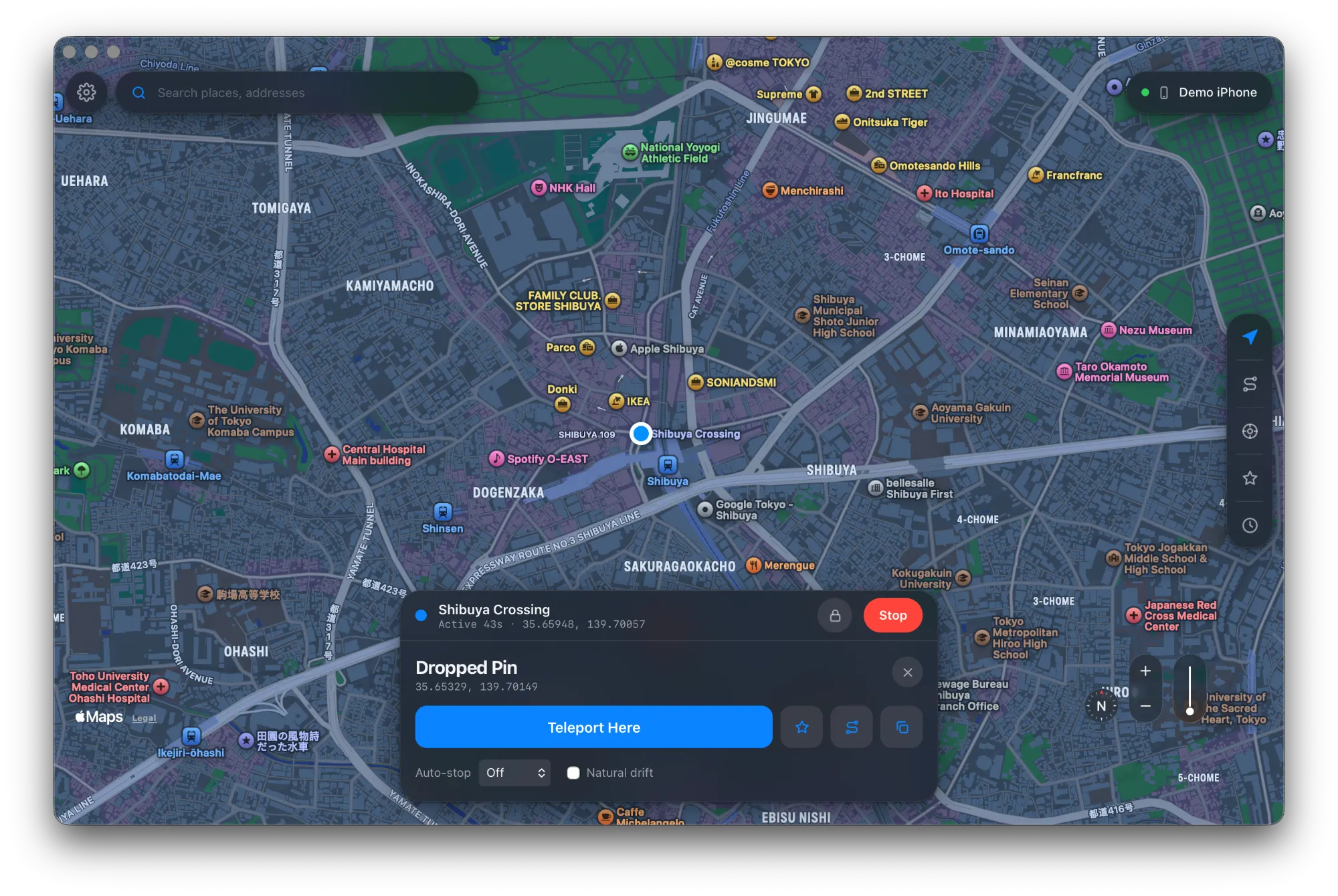 Geovo para Mac en Apple Maps, simulando el cruce de Shibuya en Tokio